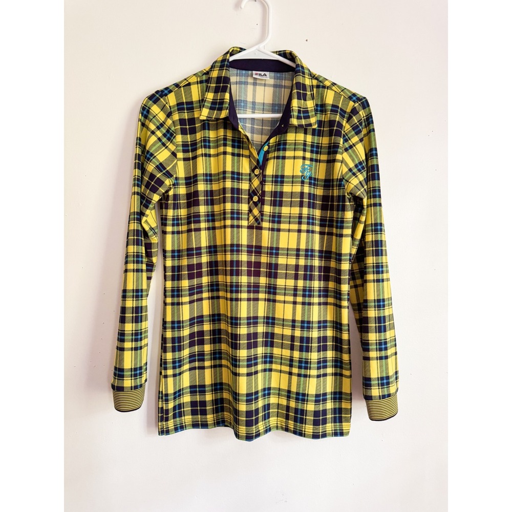 Fila Golf Yellow Plaid Long Sleeve Polo Shirt 90s Grunge Tennis Preppy Clueless